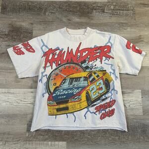 Thunder Racing Team Graphic Tee White Cotton Lightning Car Print Y2K Style M